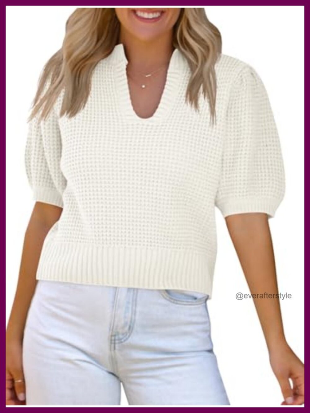 Women's Waffle Knit V-Neck Puff Short Sleeve Sweater Pullover Loose Fit Casual